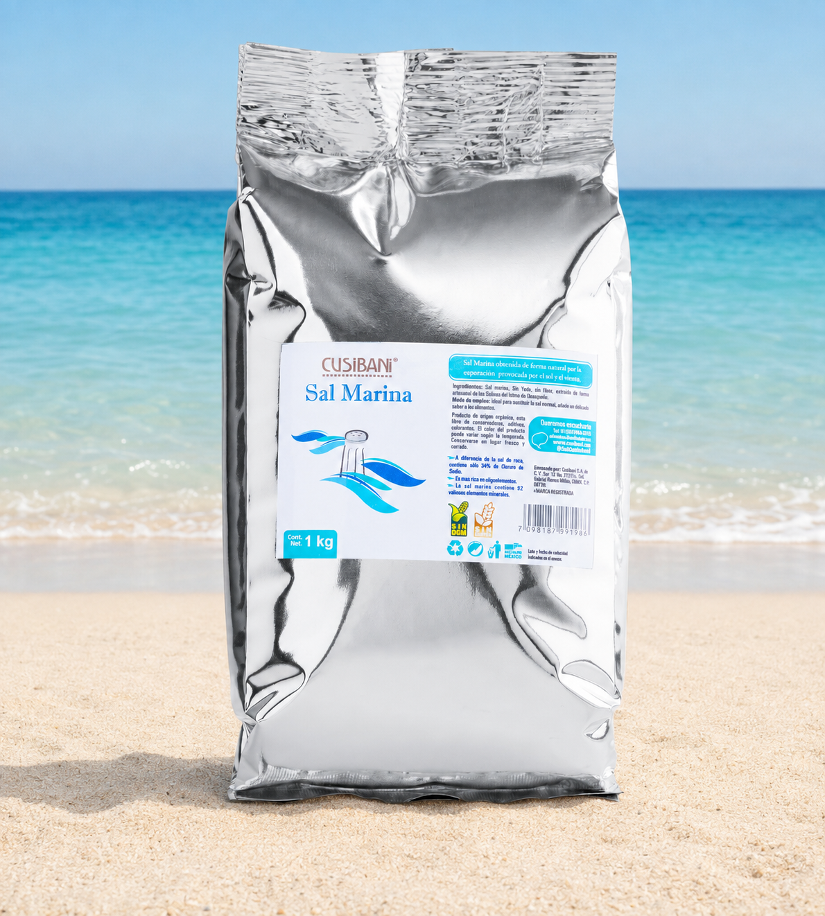 Sal Marina Cusibani de 1 kg frente a una playa