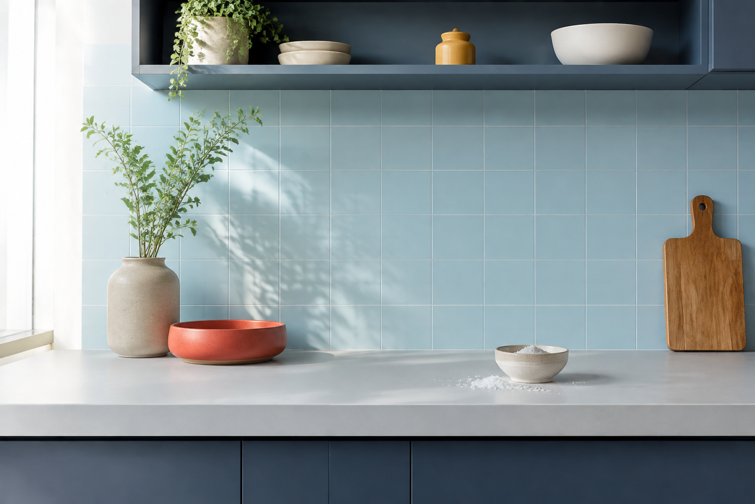 Cocina minimalista en tonos azul grisáceo, celeste y coral